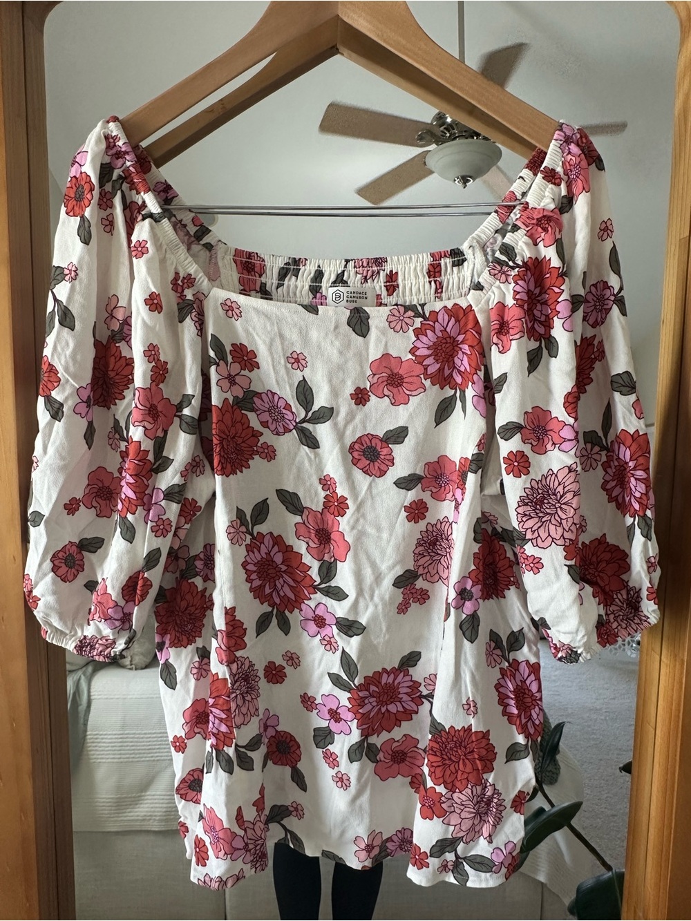 Candace Cameron Bure Off Shoulder/Puff Sleeve Floral Tunic - Pink & Red & Cream